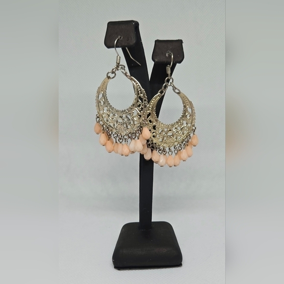 Elegant Silver and Peach Dangle Earrings - Picture 2 of 8